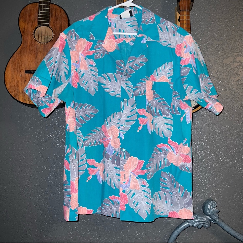 90s Hilo Hattie Palm & hibiscus Hawaiian Blue & pink Shirt Men's XL USA Made VTG